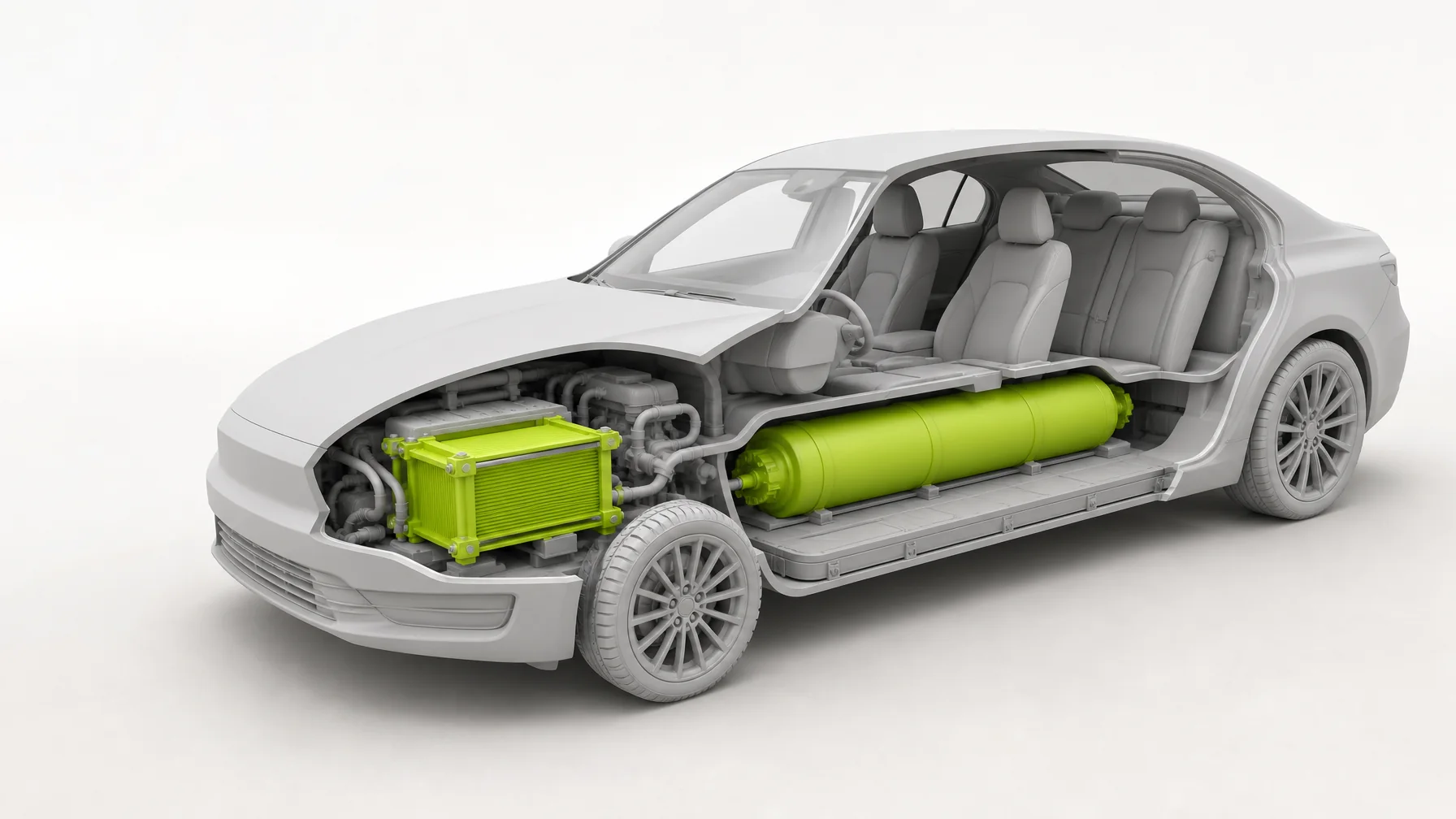 Clay-style cutaway of a generic sedan showing a lime-green hydrogen fuel tank under the floor and a lime-green fuel cell stack in the front bay