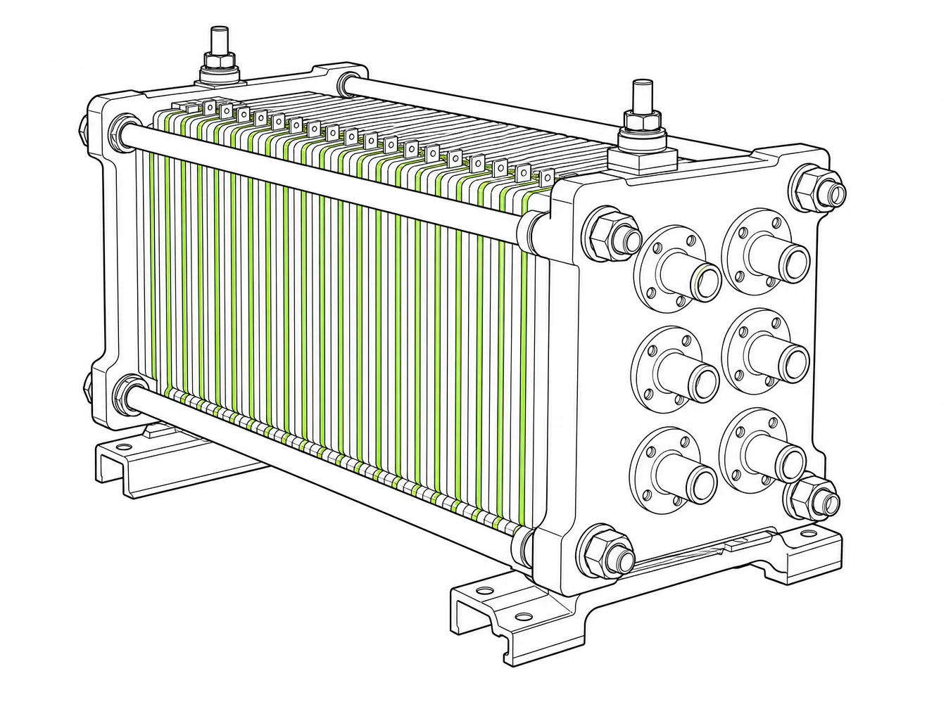 Black line drawing of a hydrogen fuel cell stack: many thin plates clamped between two end plates by four tie rods, six fluid ports on the front plate, with the membrane layers filled lime green